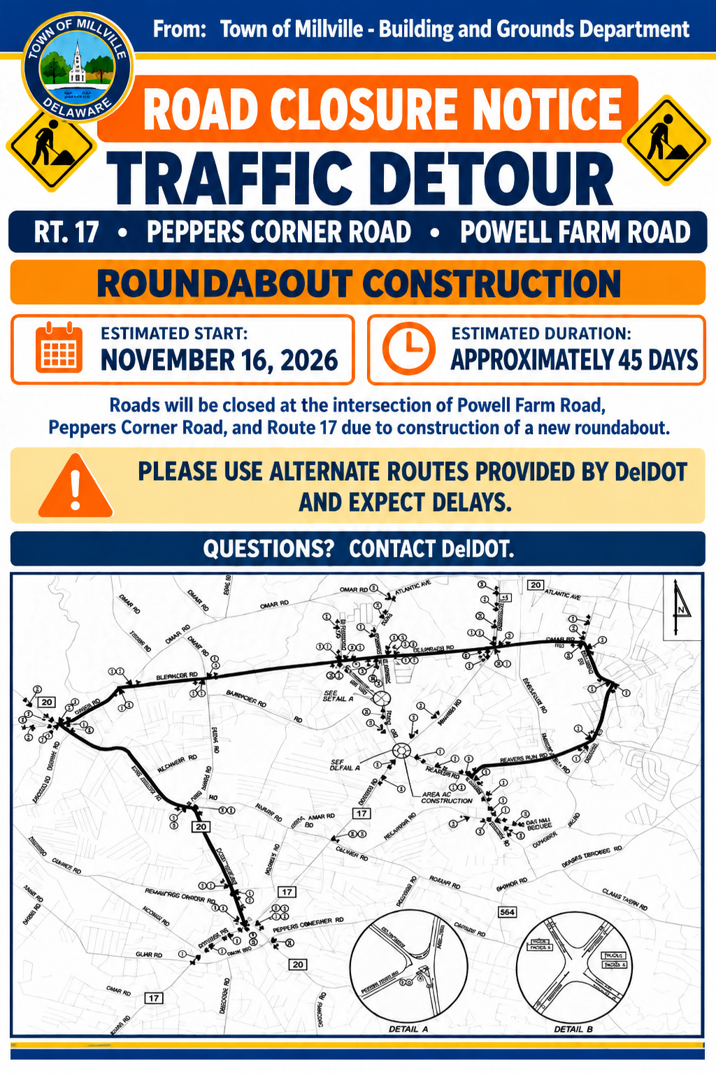 Road Closure – Rt 17/Peppers Corner Rd/Powell Farm Rd.