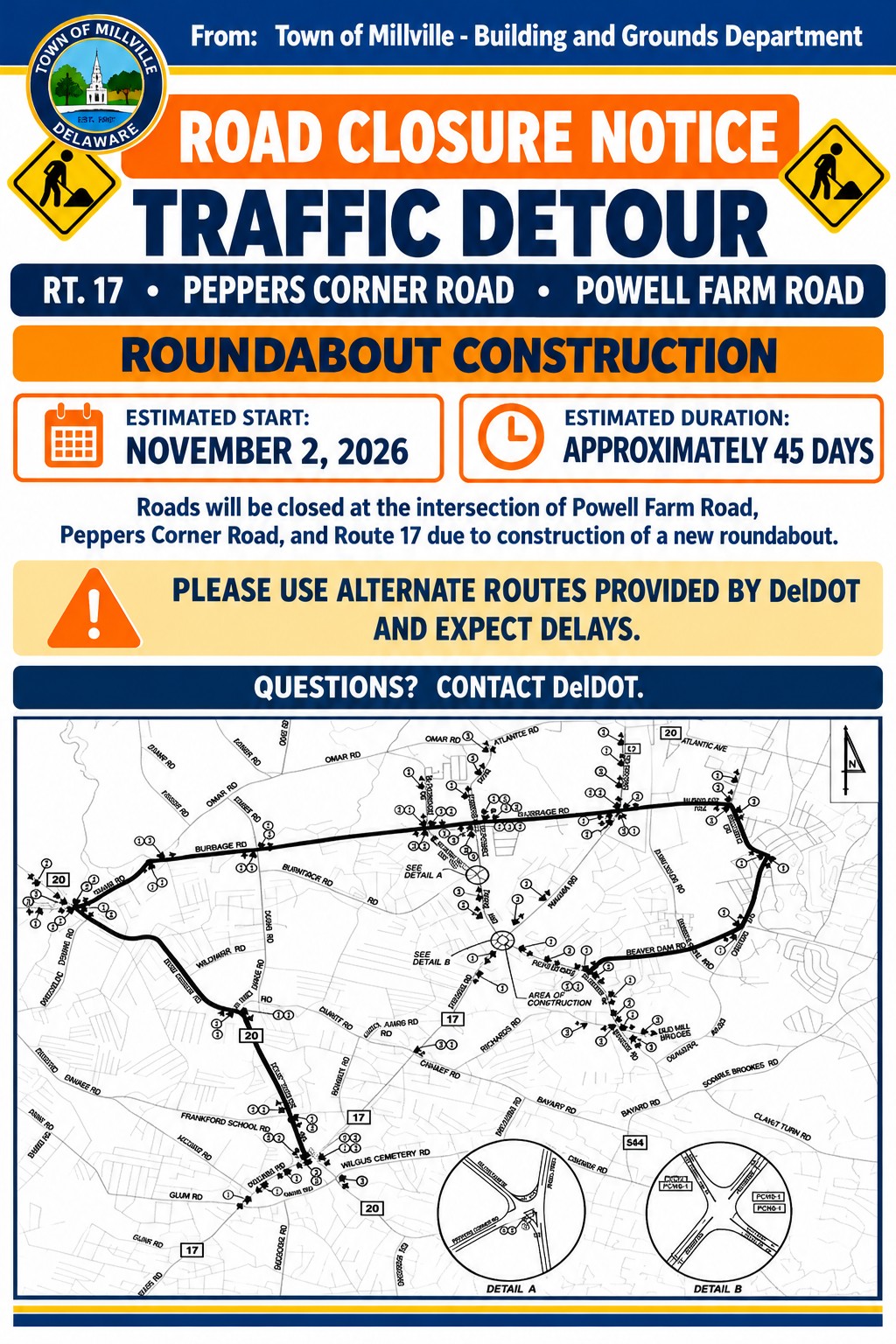 Road Closure – Rt 17/Peppers Corner Rd/Powell Farm Rd.